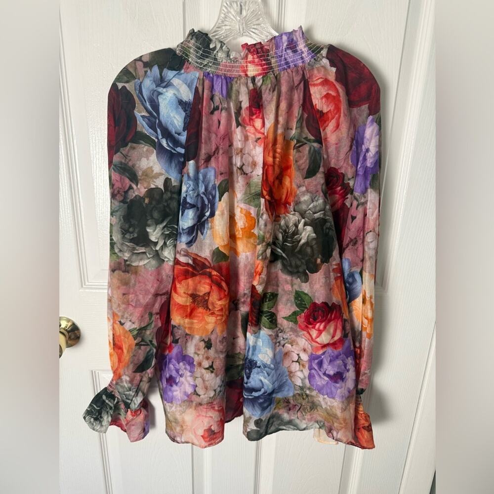 Alice + Olivia Norah Peasant Cotton & Silk Blouse in Storm Floral M - Picture 5 of 10